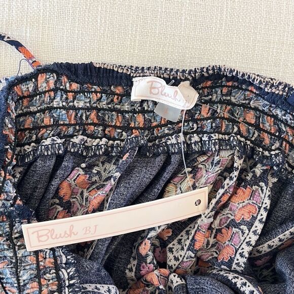 Blush Navy Bohemian Border Floral Print Smocked Casual Cami Tank Top - Picture 12 of 14